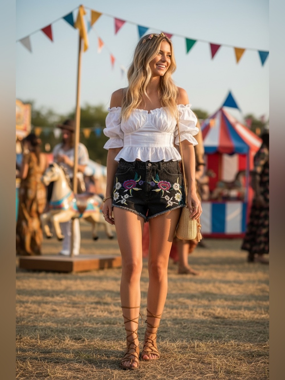 Bohemian - Festival - Floral -  Embroidered Shorts - Frayed Hem - Size 8